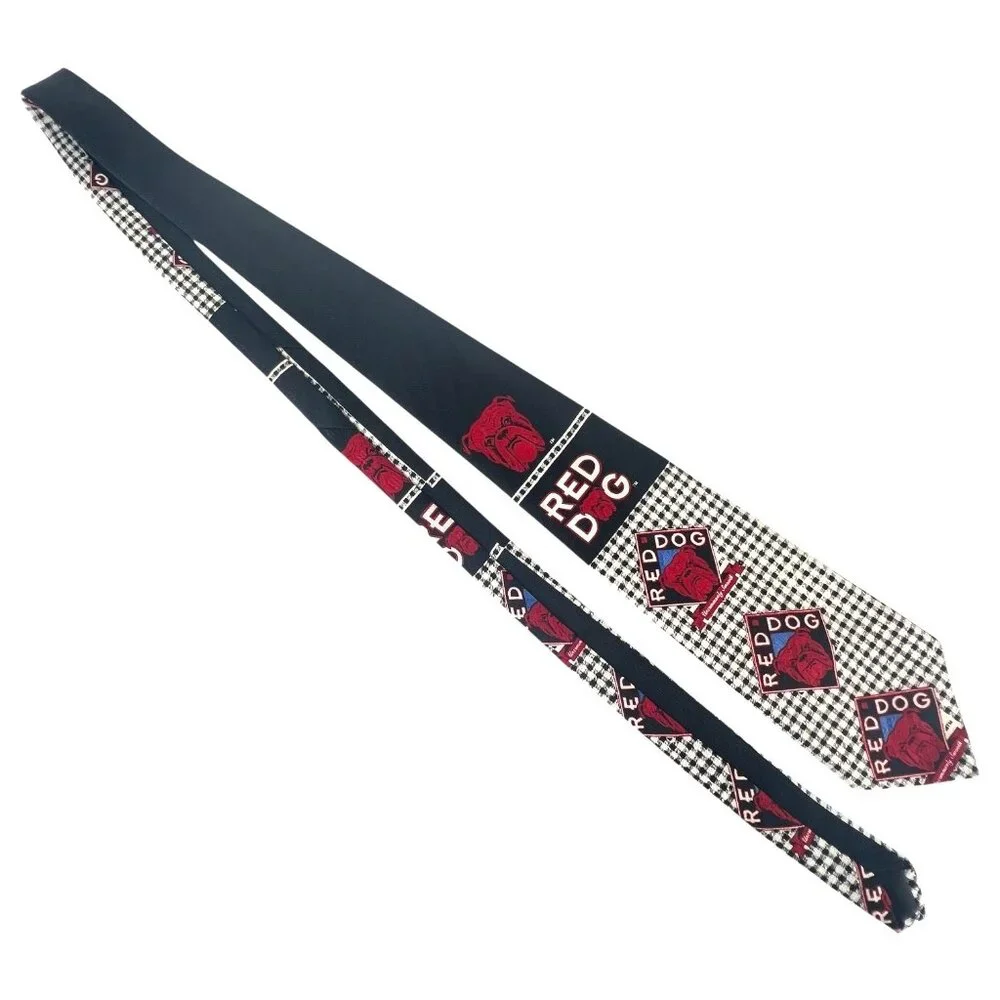 Red Dog Mens Necktie 100% Polyester Black & White Checkered With Red Dog Graphic - Picture 3 of 9
